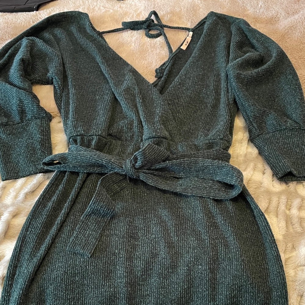 miami Dark Green Ribbed Wrap Sweater Dress